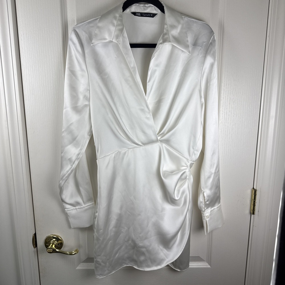 Zara White Satin Wrap Shirt Mini Dress Collared Long Sleeve S bridal